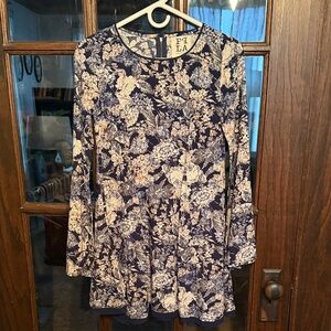 PPLA Women Navy Blue Floral Tapestry Bell Sleeve Mini Shift Dress Size Small